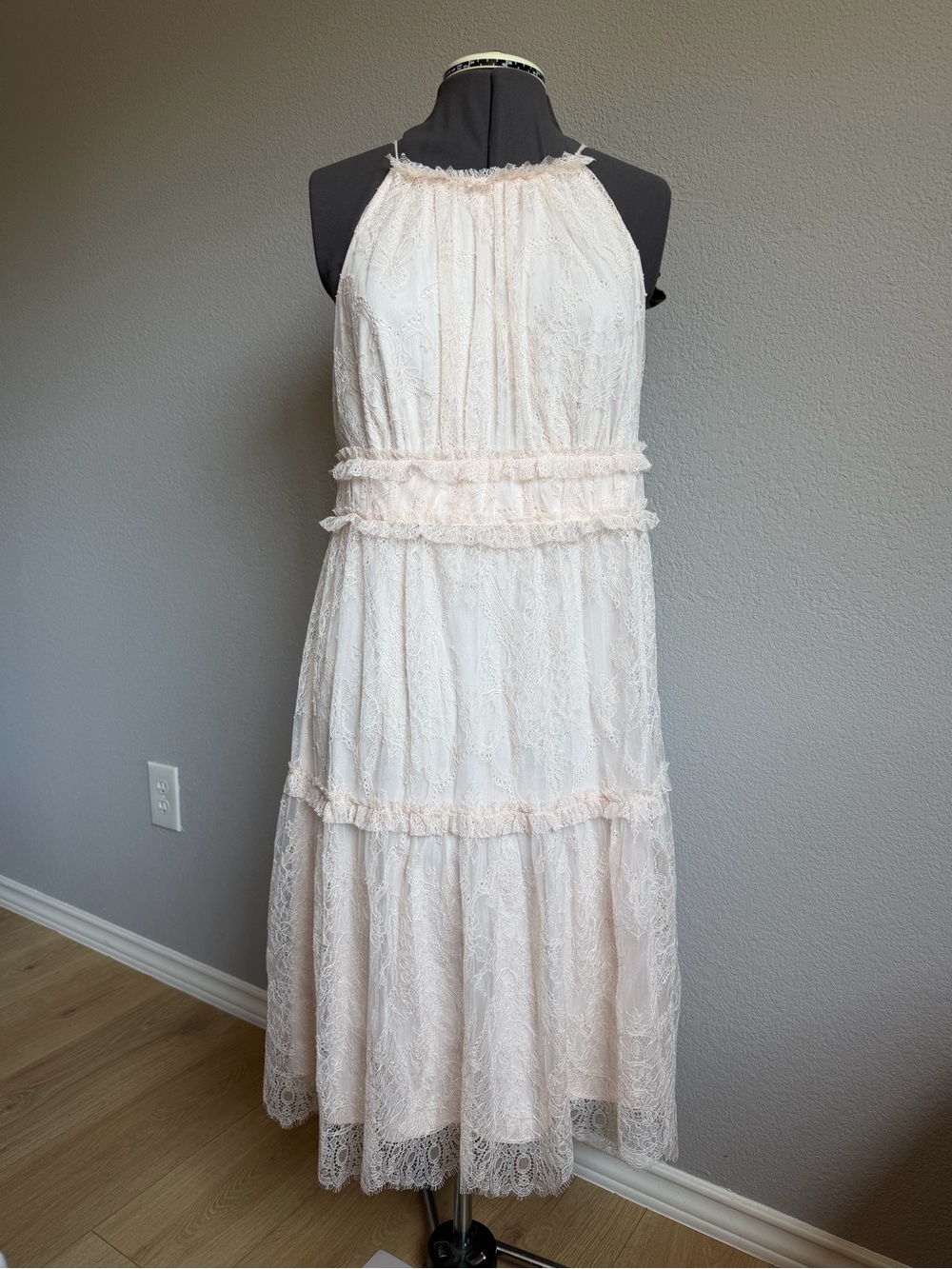 Calvin Klein Lace Halter Tiered Maxi Dress - Blush
